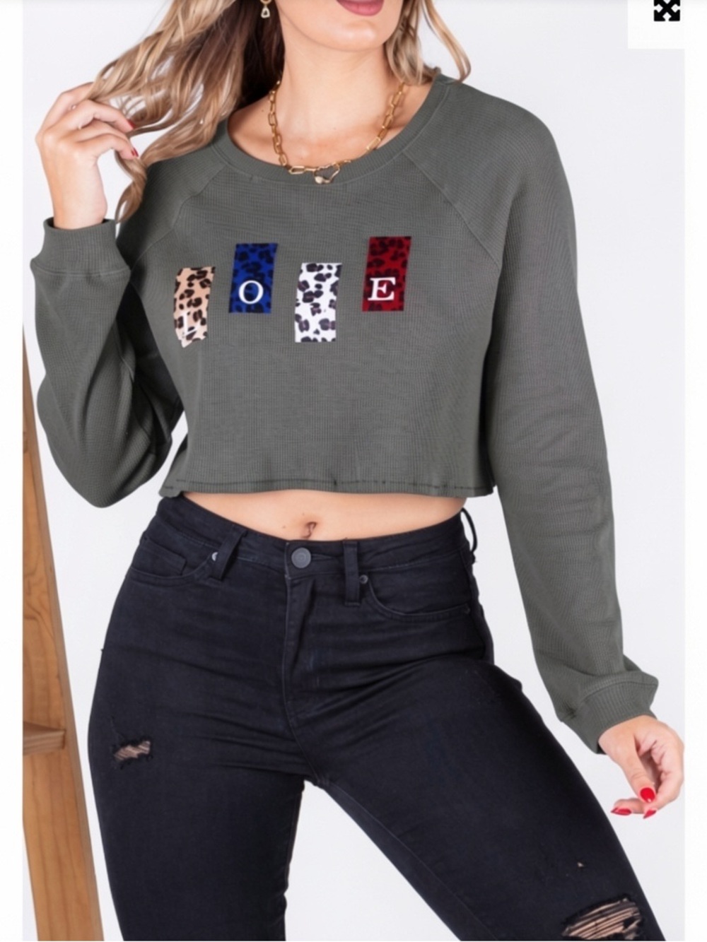 Akaiv Charcoal Waffle Knit LOVE Graphic Cropped Long Sleeve Top Size S, M & L